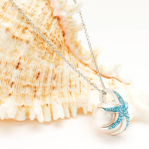 Ocean : Sterling Silver Pearl with Aqua Crystal StarFish Necklace - Ocean : Sterling Silver Pearl with Aqua Crystal StarFish Necklace
