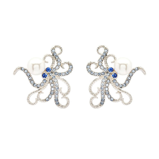Ocean : Sterling Silver Pearl with Blue Crystal Octopus Earrings - Ocean : Sterling Silver Pearl with Blue Crystal Octopus Earrings