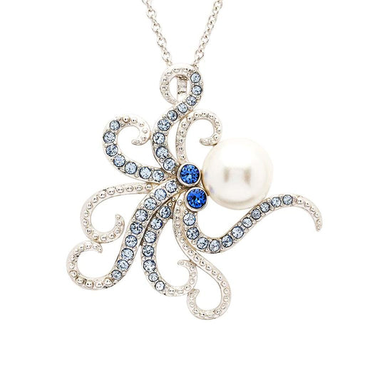 Ocean : Sterling Silver Pearl with Blue Crystal Octopus Necklace - Ocean : Sterling Silver Pearl with Blue Crystal Octopus Necklace