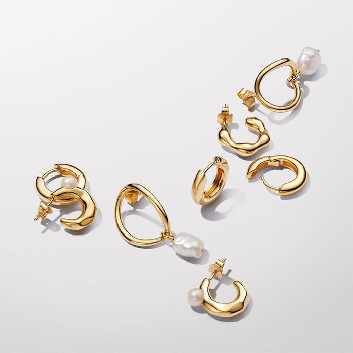 PANDORA : Organically Shaped Circle & Baroque Treated Freshwater Cultured Pearl Earrings in Gold - PANDORA : Organically Shaped Circle & Baroque Treated Freshwater Cultured Pearl Earrings in Gold