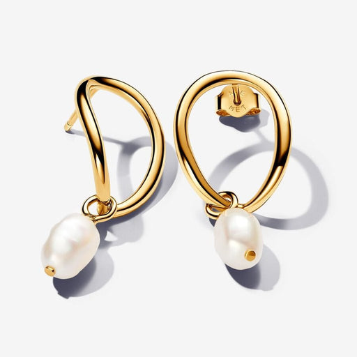 PANDORA : Organically Shaped Circle & Baroque Treated Freshwater Cultured Pearl Earrings in Gold - PANDORA : Organically Shaped Circle & Baroque Treated Freshwater Cultured Pearl Earrings in Gold