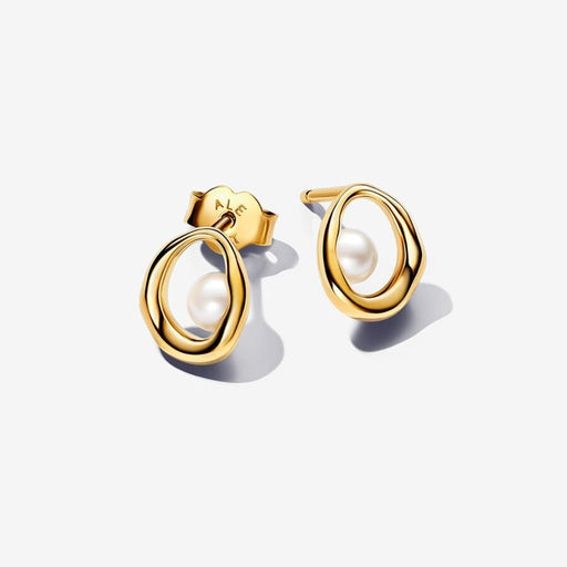 PANDORA : Organically Shaped Oval & Treated Freshwater Cultured Pearl Stud Earrings in Gold - PANDORA : Organically Shaped Oval & Treated Freshwater Cultured Pearl Stud Earrings in Gold