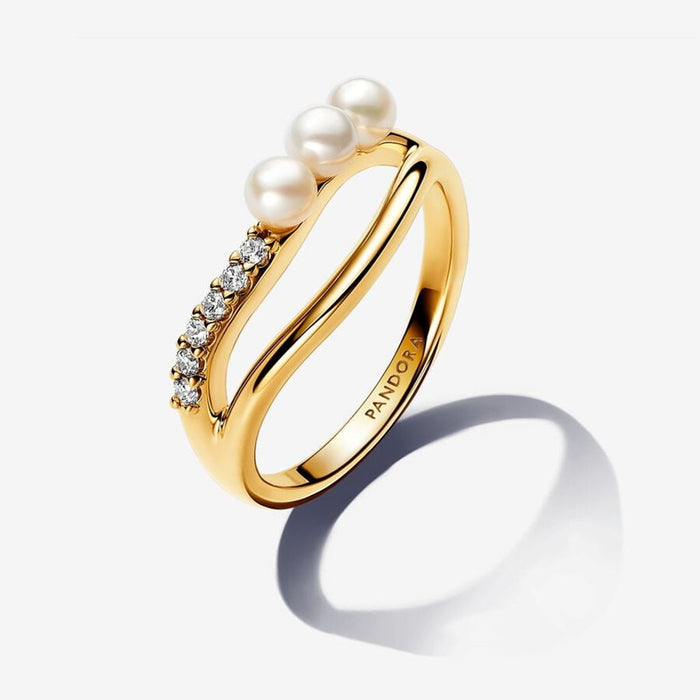 PANDORA : Treated Freshwater Cultured Pearl & Organically Shaped Double Band Ring in Gold - PANDORA : Treated Freshwater Cultured Pearl & Organically Shaped Double Band Ring in Gold