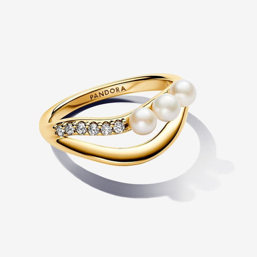 PANDORA : Treated Freshwater Cultured Pearl & Organically Shaped Double Band Ring in Gold - PANDORA : Treated Freshwater Cultured Pearl & Organically Shaped Double Band Ring in Gold