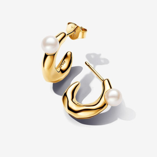 PANDORA : Treated Freshwater Cultured Pearl & Organically Shaped Hoop Earrings - Gold - PANDORA : Treated Freshwater Cultured Pearl & Organically Shaped Hoop Earrings - Gold