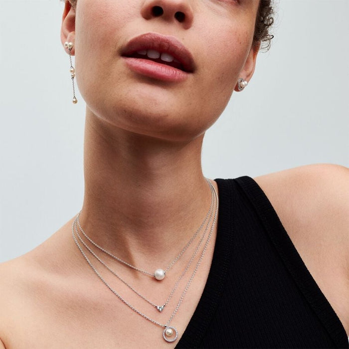 PANDORA : Treated Freshwater Cultured Pearl & Pavé Collier Necklace - Sterling Silver - PANDORA : Treated Freshwater Cultured Pearl & Pavé Collier Necklace - Sterling Silver