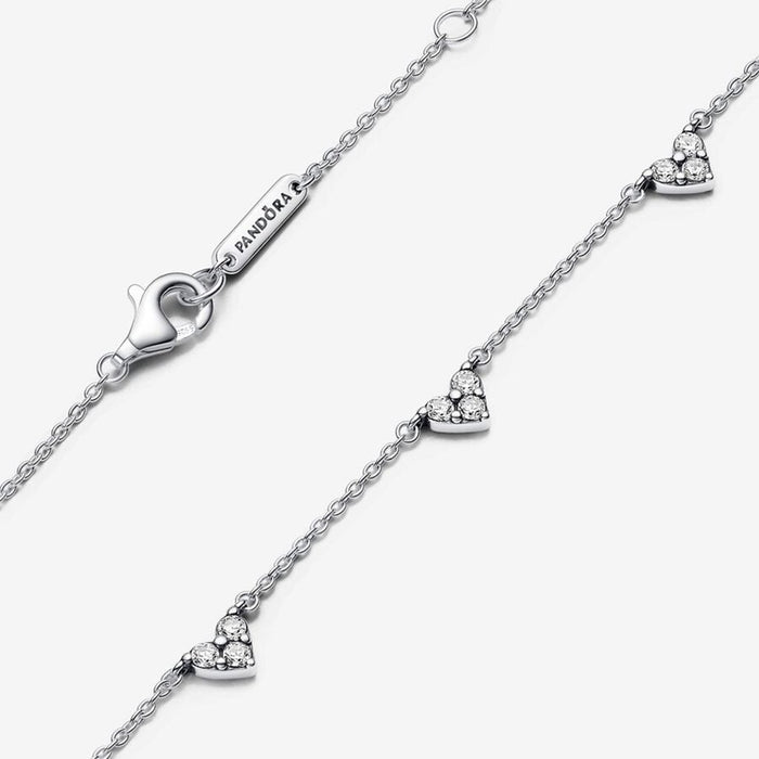 PANDORA : Triple Stone Heart Station Chain Necklace - Sterling Silver - PANDORA : Triple Stone Heart Station Chain Necklace - Sterling Silver