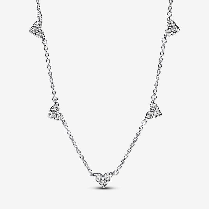 PANDORA : Triple Stone Heart Station Chain Necklace - Sterling Silver - PANDORA : Triple Stone Heart Station Chain Necklace - Sterling Silver