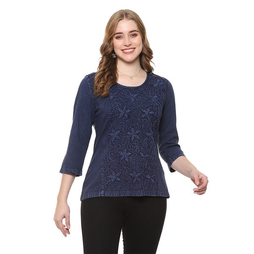 Parsley & Sage : Keeley Embroidered Flora 3/4 Blue Plush Top - Parsley & Sage : Keeley Embroidered Flora 3/4 Blue Plush Top