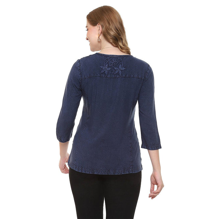 Parsley & Sage : Keeley Embroidered Flora 3/4 Blue Plush Top - Parsley & Sage : Keeley Embroidered Flora 3/4 Blue Plush Top