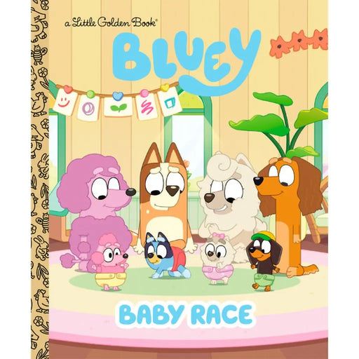 Book cover of 'Bluey Baby Race' featuring cartoon characters in a room setting.