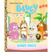 Book cover of 'Bluey Baby Race' featuring cartoon characters in a room setting.