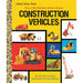 Book cover of 'My Little Golden Book About Construction Vehicles' with illustrations of construction vehicles on a yellow background.
