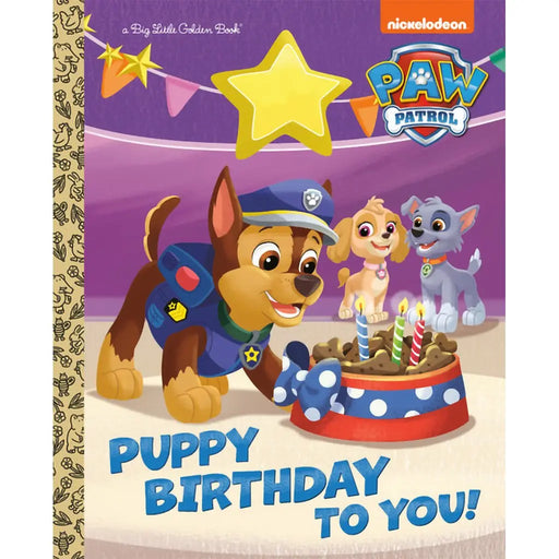 Paw Patrol book cover with a birthday theme featuring a dog and two puppies.