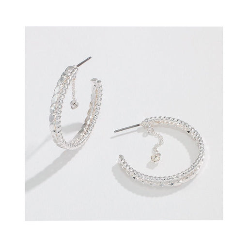 Periwinkle by Barlow : 1” Textured Silver Hoops With Dangling Crystal -Earrings - Periwinkle by Barlow : 1” Textured Silver Hoops With Dangling Crystal -Earrings