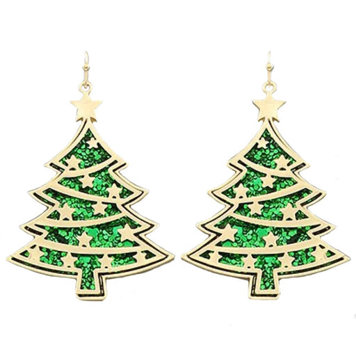 Periwinkle by Barlow : Green Glitter Christmas Tree Earrings With Gold Star - Earrings - Periwinkle by Barlow : Green Glitter Christmas Tree Earrings With Gold Star - Earrings