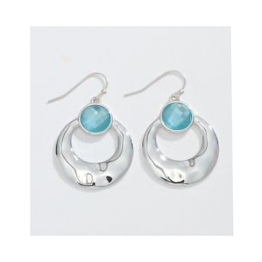 Periwinkle by Barlow : Hammered Silver Drop With Faceted Aqua Crystals - Earrings - Periwinkle by Barlow : Hammered Silver Drop With Faceted Aqua Crystals - Earrings