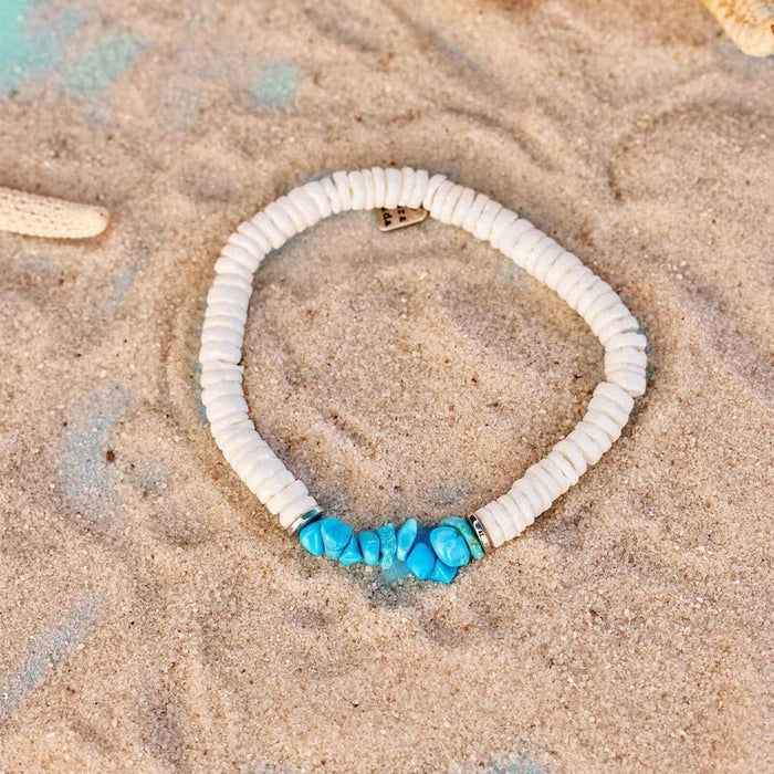 Pura Vida : Puka Shell and Turquoise ChipStretch Bracelet - Pura Vida : Puka Shell and Turquoise ChipStretch Bracelet