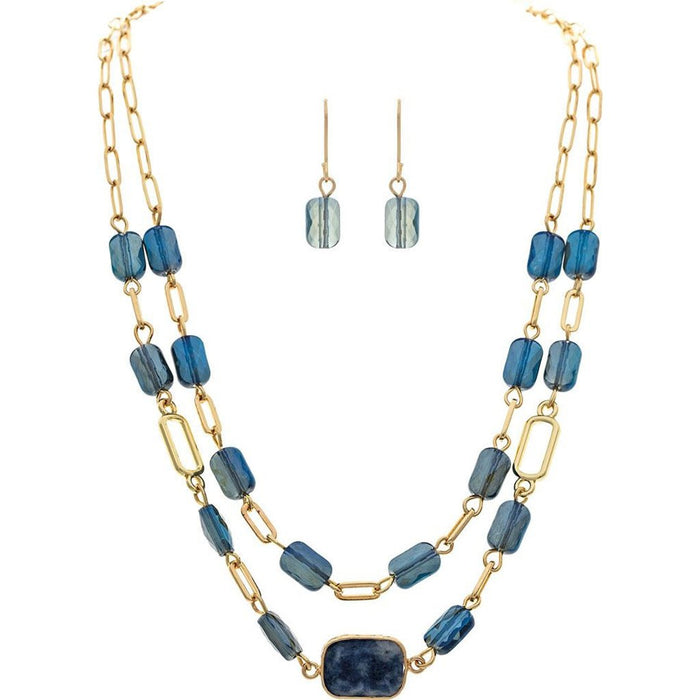 Rain : Gold Blue Facet Gem Genuine Stone Necklace Set - Rain : Gold Blue Facet Gem Genuine Stone Necklace Set