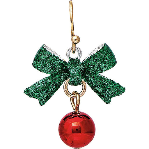 Rain : Gold Green Bow Red Bell Xmas Earrings - Rain : Gold Green Bow Red Bell Xmas Earrings