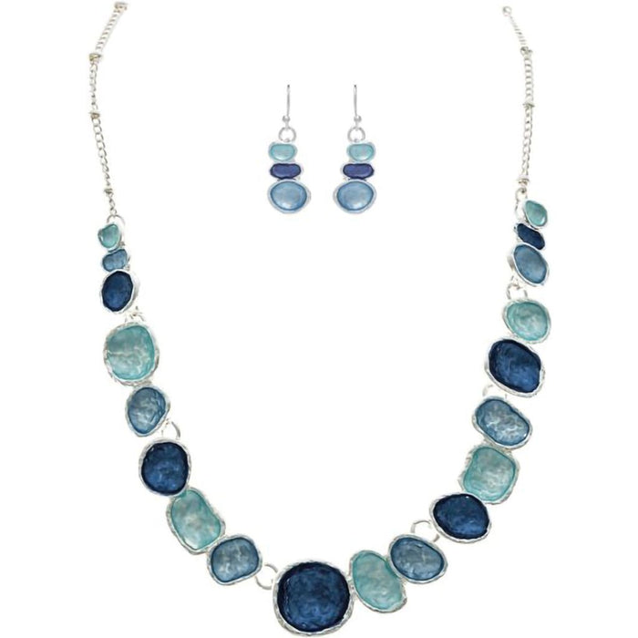 Rain : Silver Multicolor Blue Wash Concave Shape Necklace Set - Rain : Silver Multicolor Blue Wash Concave Shape Necklace Set