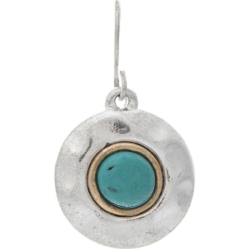 Rain : Two Tone Turquoise Gem Hammered Disc Earring - Rain : Two Tone Turquoise Gem Hammered Disc Earring