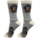A pair of gray crew socks featuring a dachshund graphic and the text 'life is BETTER WITH A Dachshund' on a white background.