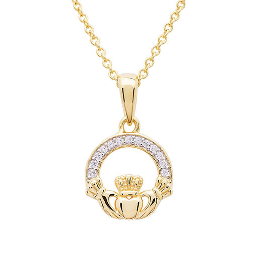 Shanore : 14KT Gold Vermeil Claddagh Necklace Studded with White Cubic Zirconias - Shanore : 14KT Gold Vermeil Claddagh Necklace Studded with White Cubic Zirconias