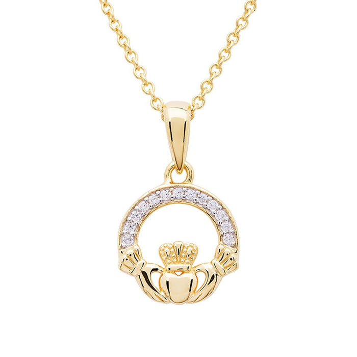 Shanore : 14KT Gold Vermeil Claddagh Necklace Studded with White Cubic Zirconias - Shanore : 14KT Gold Vermeil Claddagh Necklace Studded with White Cubic Zirconias