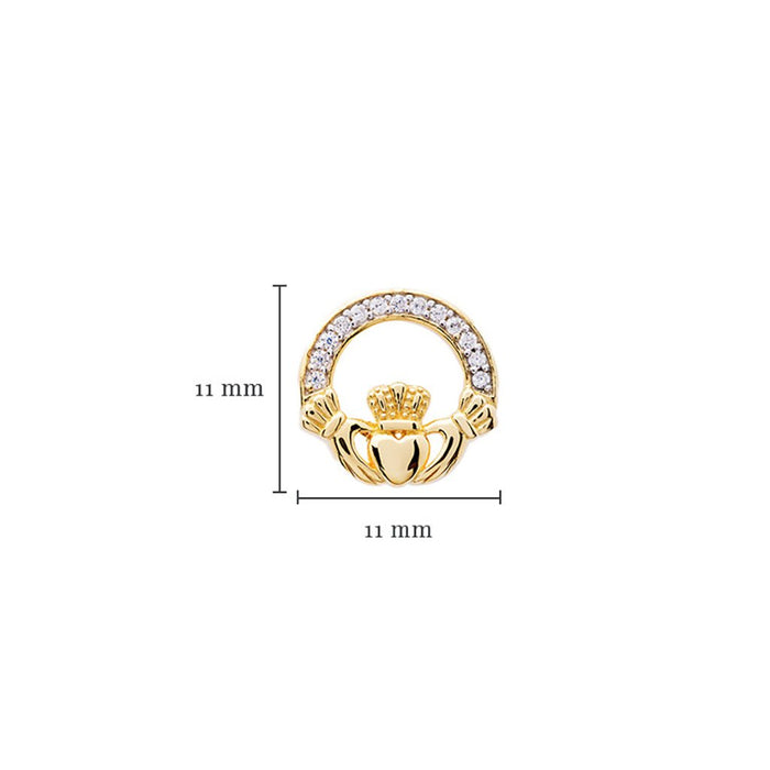 Shanore : 14KT Gold Vermeil Stud Claddagh Earrings Adorned with White Cubic Zirconias - Shanore : 14KT Gold Vermeil Stud Claddagh Earrings Adorned with White Cubic Zirconias