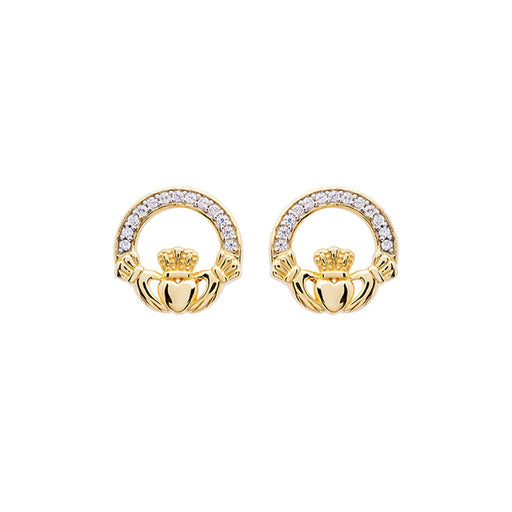 Shanore : 14KT Gold Vermeil Stud Claddagh Earrings Adorned with White Cubic Zirconias - Shanore : 14KT Gold Vermeil Stud Claddagh Earrings Adorned with White Cubic Zirconias