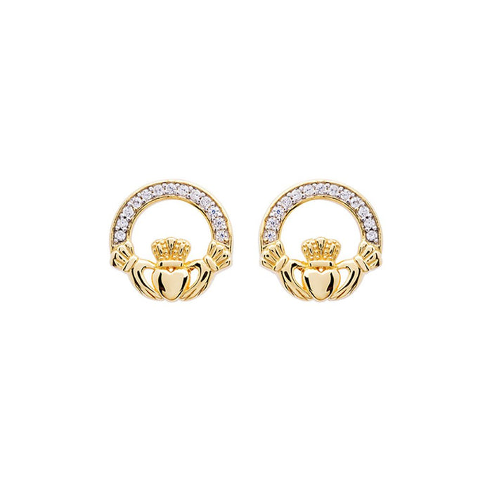 Shanore : 14KT Gold Vermeil Stud Claddagh Earrings Adorned with White Cubic Zirconias - Shanore : 14KT Gold Vermeil Stud Claddagh Earrings Adorned with White Cubic Zirconias