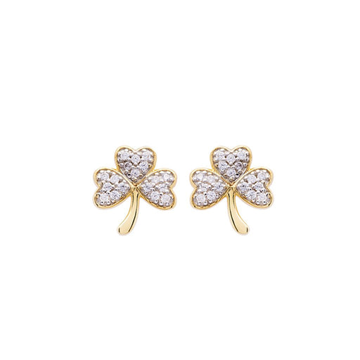 Shanore : 14KT Gold Vermeil Stud Shamrock Earrings with White Cubic Zirconias - Shanore : 14KT Gold Vermeil Stud Shamrock Earrings with White Cubic Zirconias