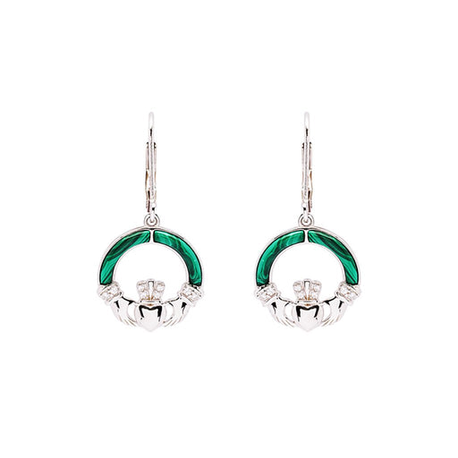 Shanore : Green Malachite Sterling Silver Claddagh Drop Earrings - Shanore : Green Malachite Sterling Silver Claddagh Drop Earrings