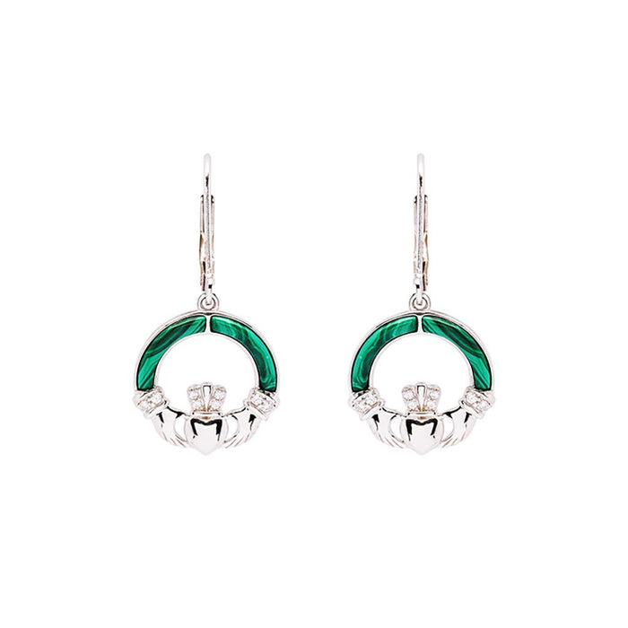 Shanore : Green Malachite Sterling Silver Claddagh Drop Earrings - Shanore : Green Malachite Sterling Silver Claddagh Drop Earrings