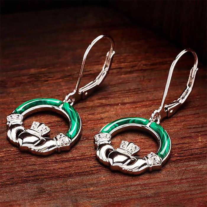 Shanore : Green Malachite Sterling Silver Claddagh Drop Earrings - Shanore : Green Malachite Sterling Silver Claddagh Drop Earrings