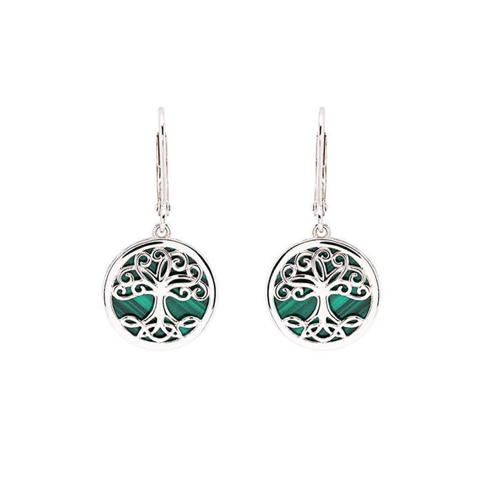 Shanore : Green Malachite Sterling Silver Tree of Life Drop Earrings - Shanore : Green Malachite Sterling Silver Tree of Life Drop Earrings