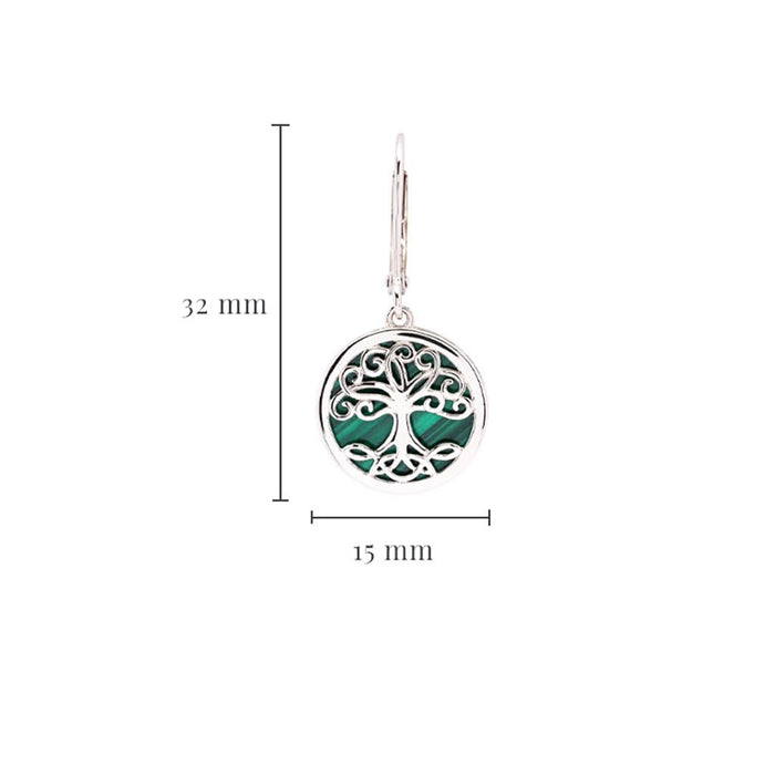 Shanore : Green Malachite Sterling Silver Tree of Life Drop Earrings - Shanore : Green Malachite Sterling Silver Tree of Life Drop Earrings