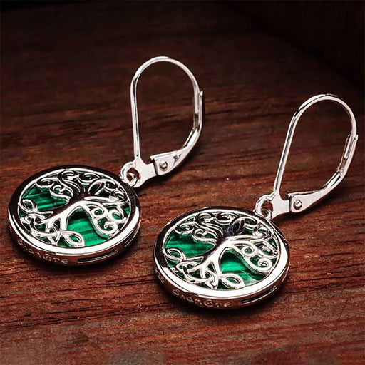 Shanore : Green Malachite Sterling Silver Tree of Life Drop Earrings - Shanore : Green Malachite Sterling Silver Tree of Life Drop Earrings