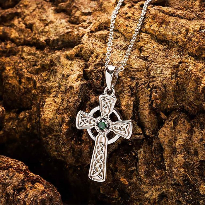 Shanore : Sterling Silver Green CZ Celtic Cross Pendant - Shanore : Sterling Silver Green CZ Celtic Cross Pendant