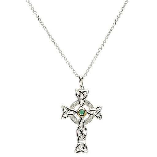 Shanore : Trinity Knot Diamond & Emerald Silver Celtic Cross Necklace - Shanore : Trinity Knot Diamond & Emerald Silver Celtic Cross Necklace