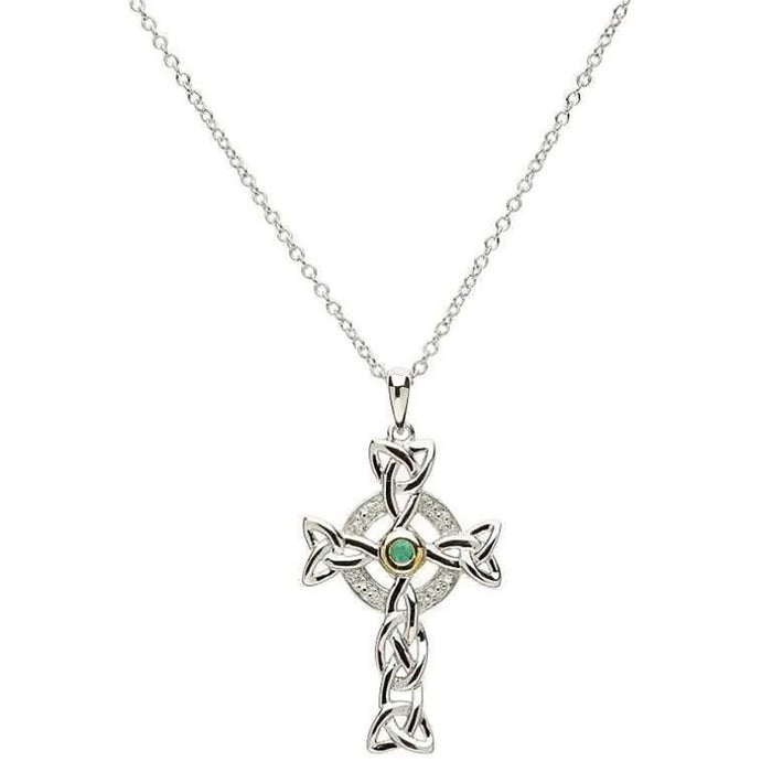 Shanore : Trinity Knot Diamond & Emerald Silver Celtic Cross Necklace - Shanore : Trinity Knot Diamond & Emerald Silver Celtic Cross Necklace