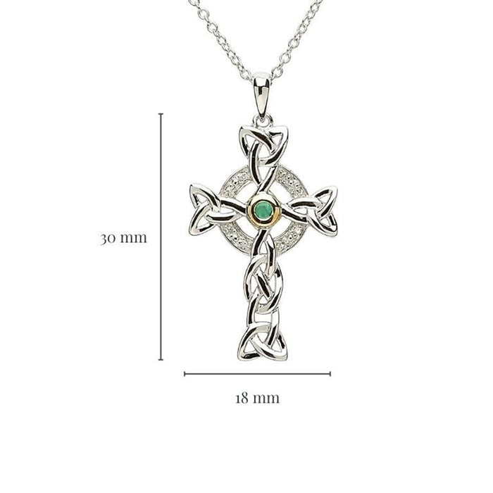 Shanore : Trinity Knot Diamond & Emerald Silver Celtic Cross Necklace - Shanore : Trinity Knot Diamond & Emerald Silver Celtic Cross Necklace