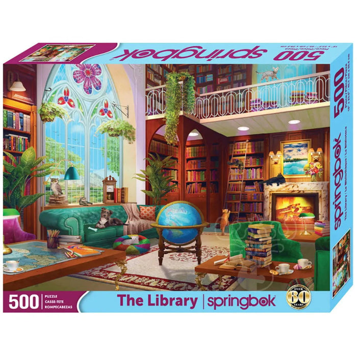 Springbok puzzle box featuring a library scene with books, furniture, and decorative elements.