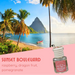 Scenic beach with palm trees and a boat, featuring a bottle of 'Sunset Boulevard' fragrance.