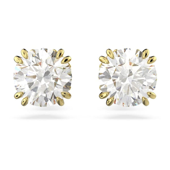 Swarovski : Stella Stud Earrings in White - Round Cut, Gold - Swarovski : Stella Stud Earrings in White - Round Cut, Gold