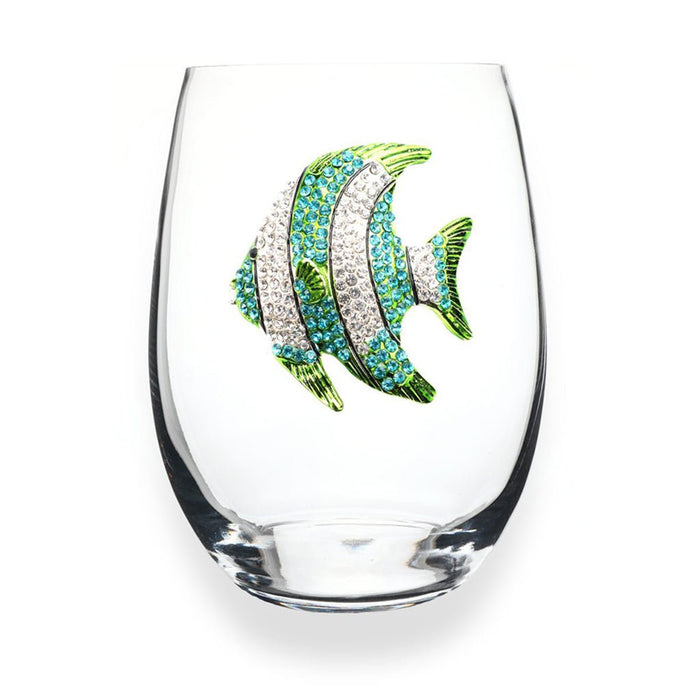 The Queens' Jewels : Turquoise Tropical Fish Jeweled Stemless Wine Glass - The Queens' Jewels : Turquoise Tropical Fish Jeweled Stemless Wine Glass