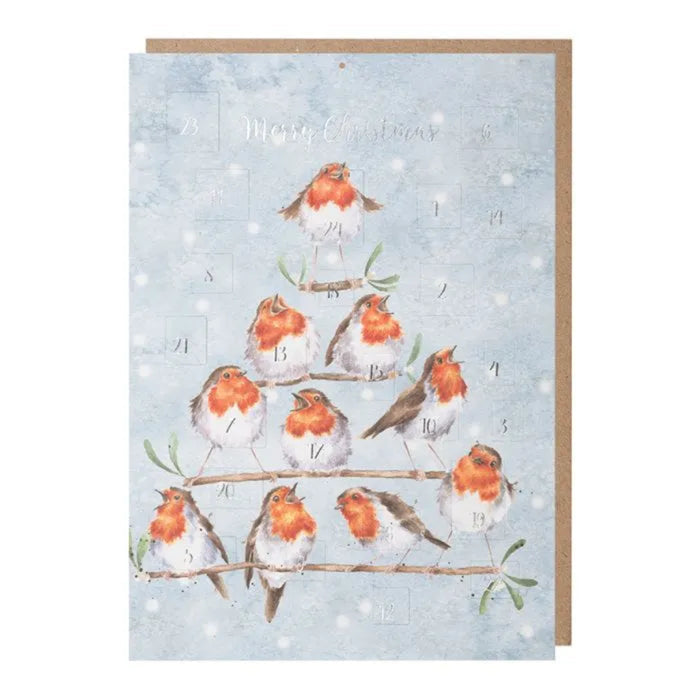 Christmas card/advent calendar with robins on a branch against a snowy background
