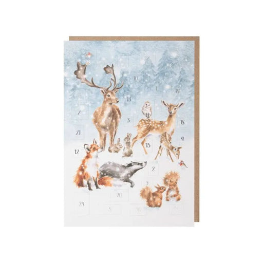Card with illustrations of forest animals on a snowy background