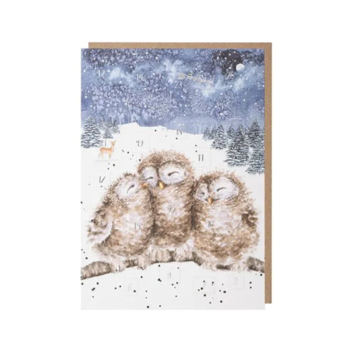 Three Wise Men Owl Advent Calendar Card featuring three festive owls in a Christmas design